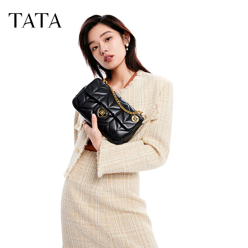 Tata他她菱格链条小方包女包包黑色斜挎包通勤单肩包新款X3162DX3-图1