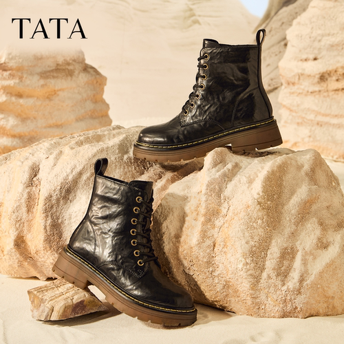 TATA他她女靴子复古马丁靴2025英伦风真皮加绒短靴工装靴CHQ01DD5 - 图3