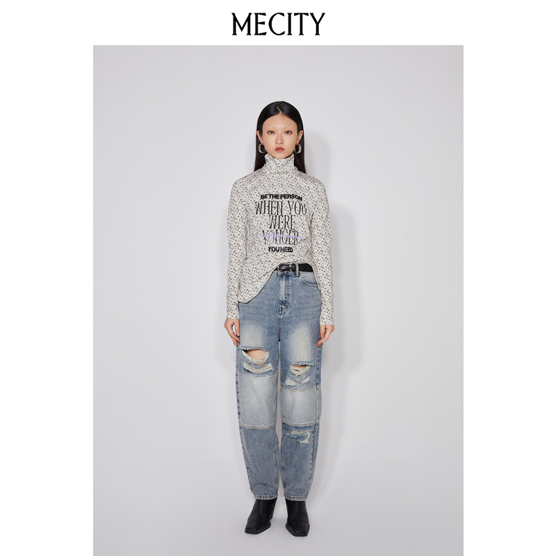 MECITY女士冬季新款整身循环印花设计高领修身打底衫女511582