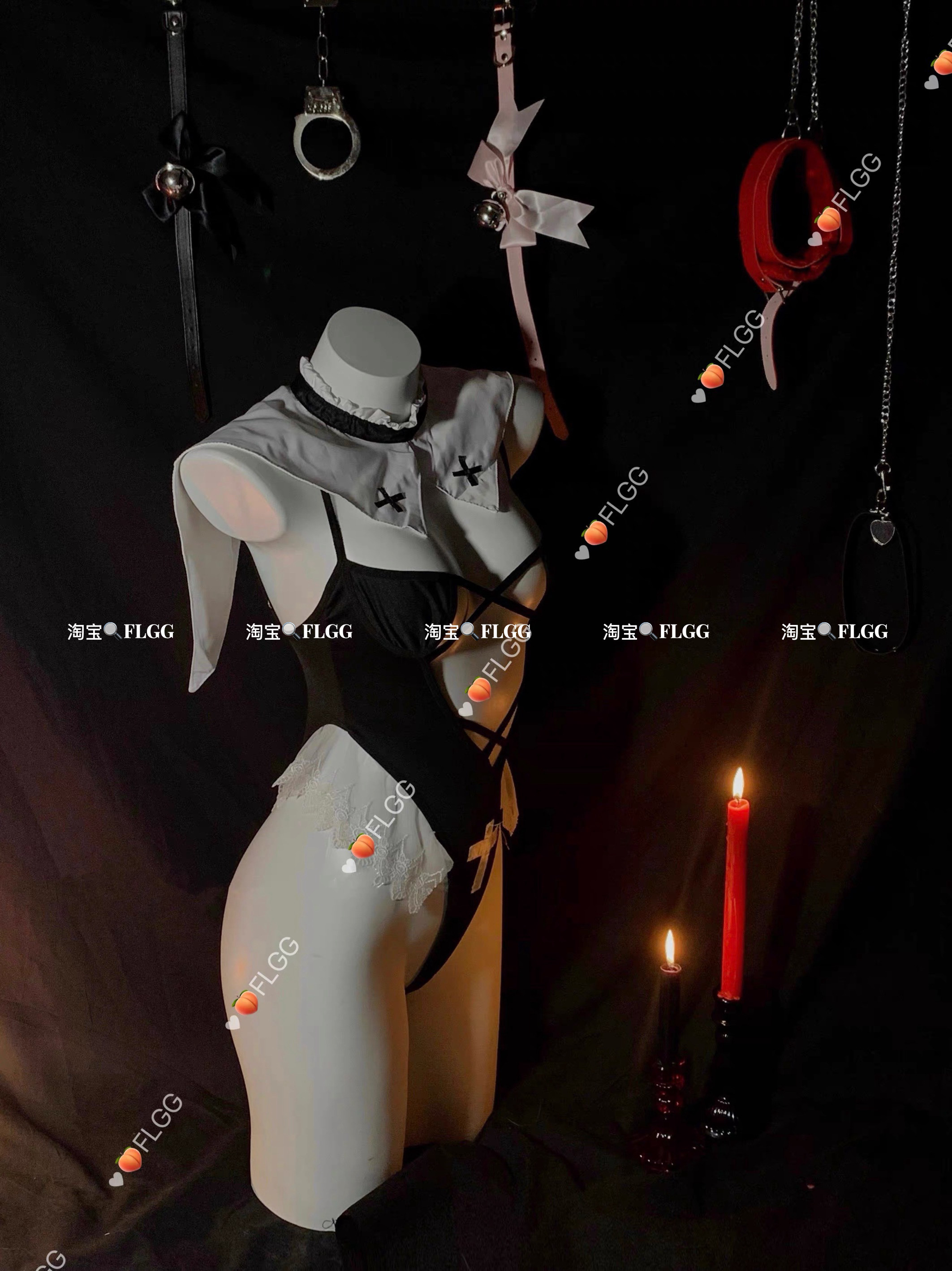 FLGG 黑色小恶魔交叉绑带修女装 高叉腰显瘦腰臀比听话内衣套装,淘宝优惠券,粉丝福利购,淘宝优惠卷