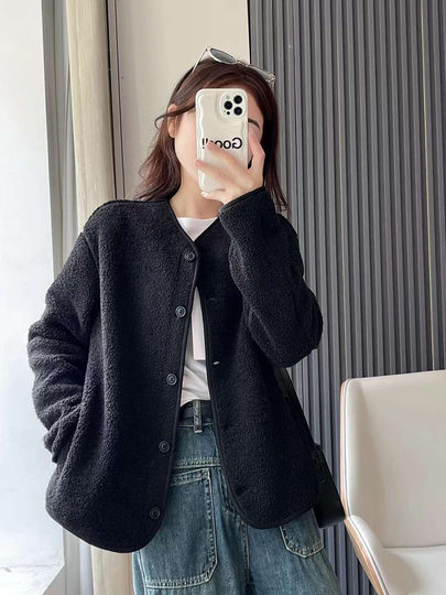 472938 特价冬季女装仿羊羔绒摇粒绒圆领开衫长袖外套 461660