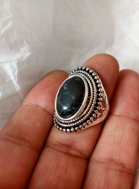 青岛外贸饰品中古指环金属质感椭圆形宝石黑色石头复古宫廷风戒指