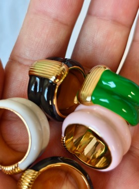 青岛外贸饰品指环镀真金黄铜材质质感简洁气质高档珐琅彩滴釉戒指