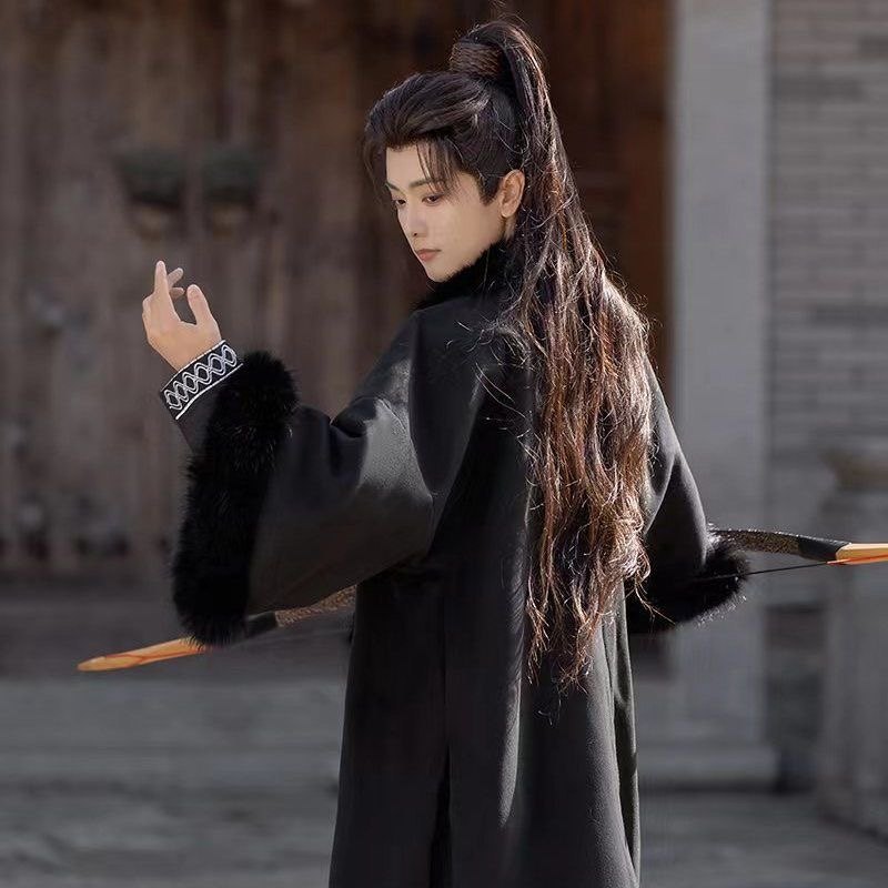 汉风【玄月】原创冬款汉服男狐狸毛领保暖加绒宋制冬款裘衣披袄,淘宝优惠券,粉丝福利购,淘宝优惠卷