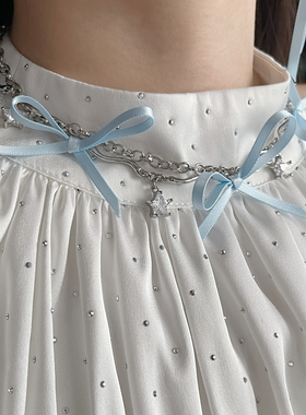 浅蓝色系芭蕾风蝴蝶结耳环项链