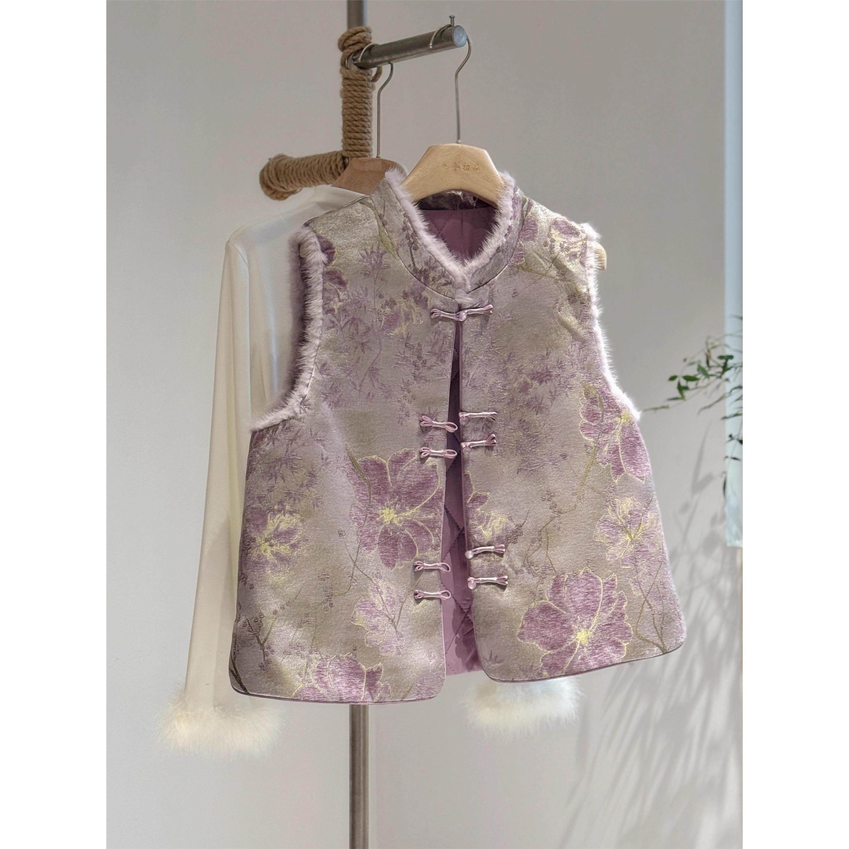 新中式国风盘扣真丝宋锦夹棉马甲女装2025春秋新款高端水貂毛棉服,淘宝优惠券,粉丝福利购,淘宝优惠卷