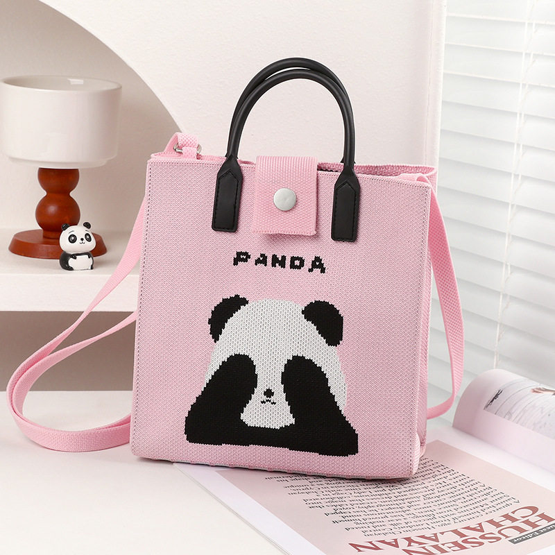 可爱大熊猫针织包女新款通勤单肩包学生手提袋百搭托特包可爱卡通