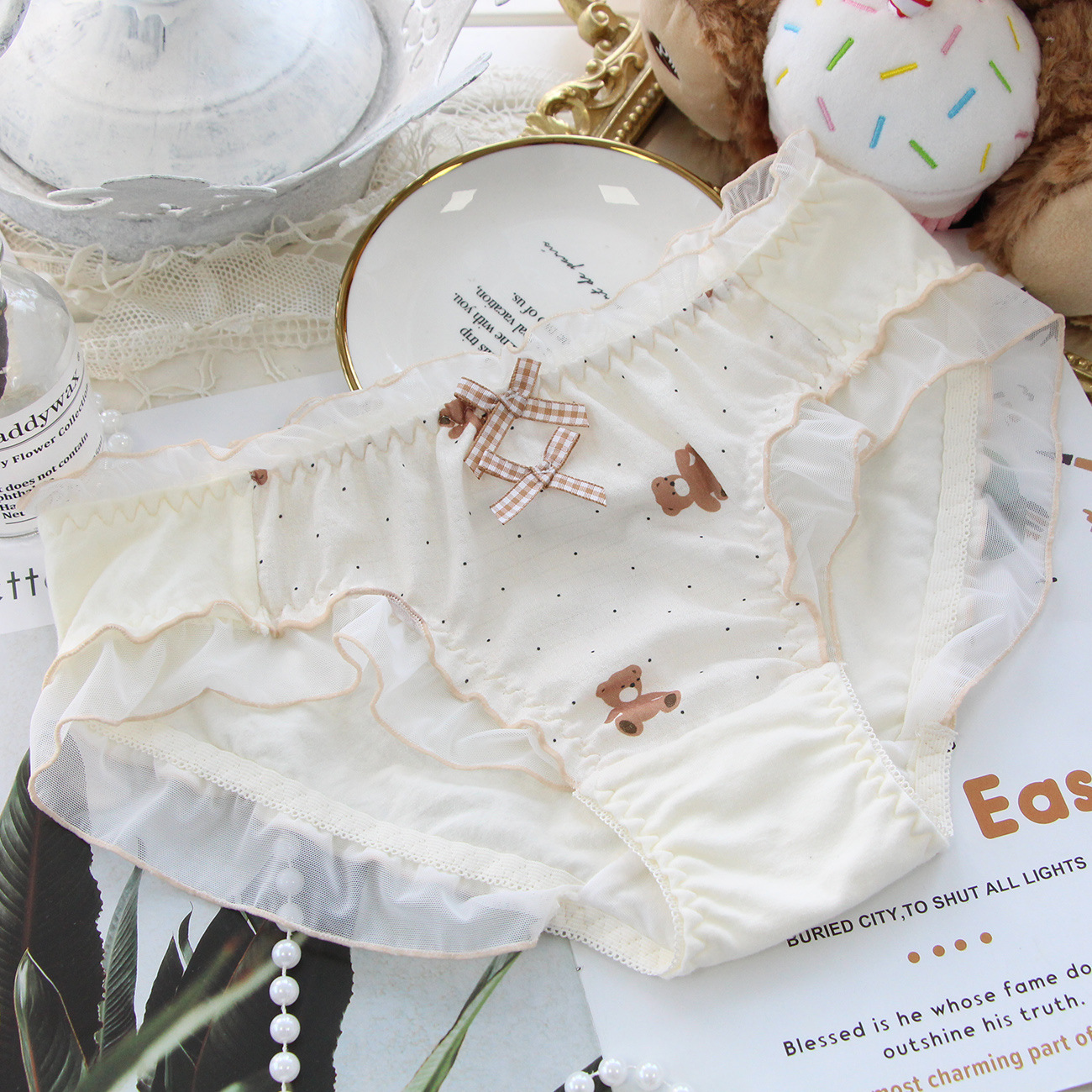 日系洛丽塔内裤棉三角裤小熊印花可爱大码内裤女士系带能解开胖次 - 图1