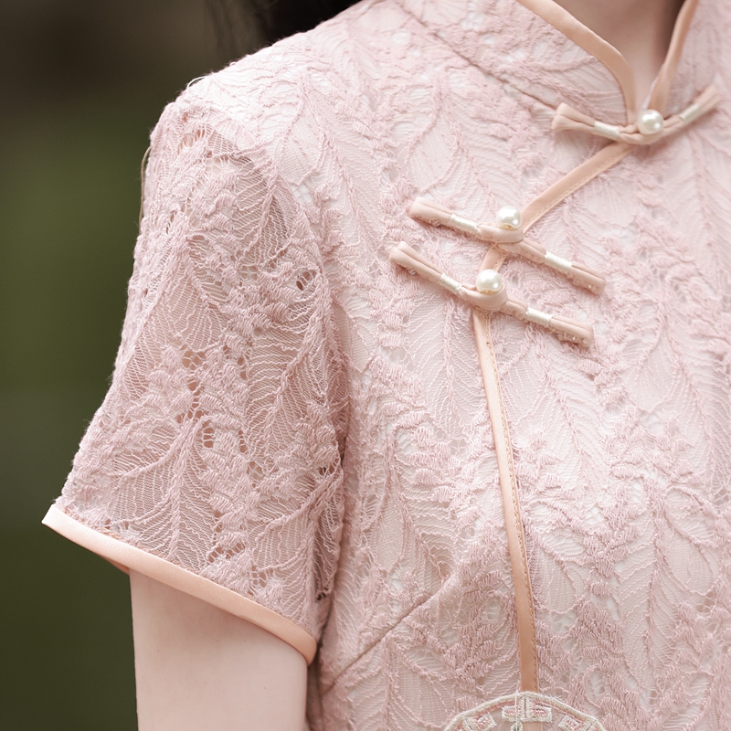 改良奥黛旗袍粉色气质大码素雅日常可穿连衣裙中国风2024年新款夏 - 图0