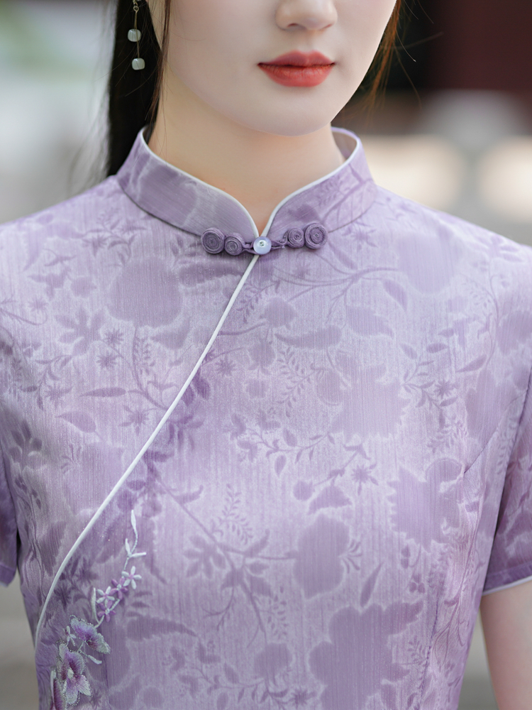 改良奥黛旗袍连衣裙2024年新款中国风紫色夏款素雅日常可穿年轻款 - 图2