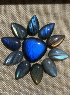 拉长石吊坠水滴裸石蓝彩虹戒面编绳绕线手工diy打孔25*18