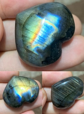 拉长石手玩把件原石心形摆件天然蓝光月光石彩光儿童矿石标本奇石