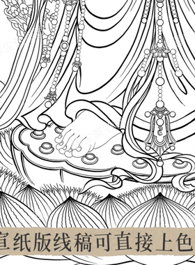 岩彩壁画持莲观音三十三观音线描稿工笔画白描底稿临摹打印画稿