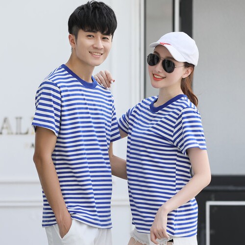 夏季海魂衫女短袖纯棉t恤蓝白条纹男女情侣装水手服演出服班服夏 - 图3