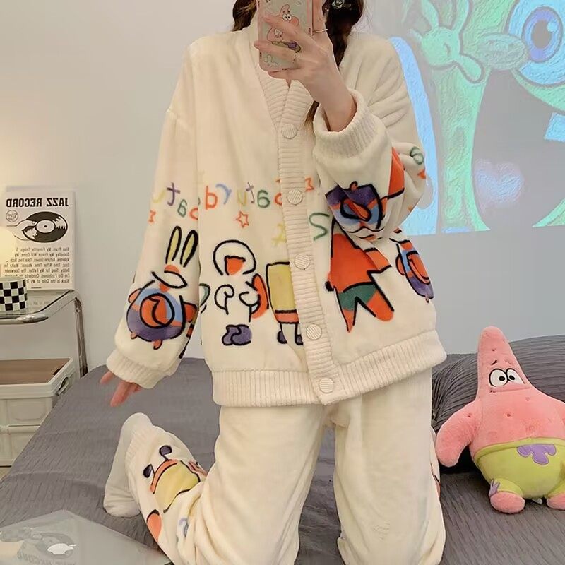 珊瑚绒睡衣女带胸垫秋冬季长袖2023卡通法兰绒加厚加绒家居服套装,淘宝优惠券,粉丝福利购,淘宝优惠卷