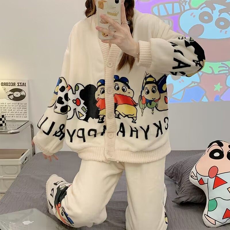 珊瑚绒睡衣女带胸垫秋冬季长袖2023卡通法兰绒加厚加绒家居服套装,淘宝优惠券,粉丝福利购,淘宝优惠卷