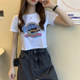 American sweet and spicy top summer right shoulder high waist short sleeve t-shirt for women 2026 new pure cotton short design niche