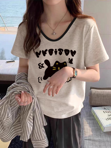 纯棉v领正肩短袖t恤女2026新款爆款夏季大码微胖mm显瘦遮肚子上衣 - 图3