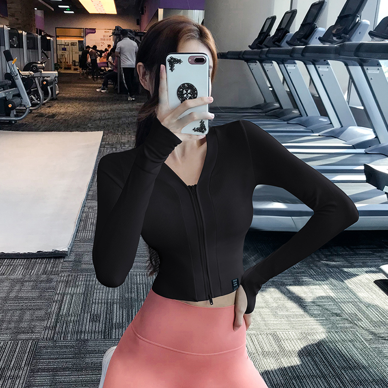 简可莉瑜伽女上衣紧身显瘦拉链秋冬季运动t恤跑步训练健身服长袖 - 图1