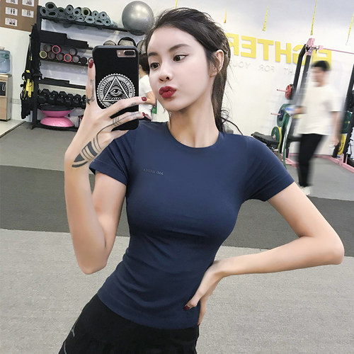 运动上衣女紧身弹力透气短袖款蓝色性感健身房训练夏季瑜伽服T恤 - 图2