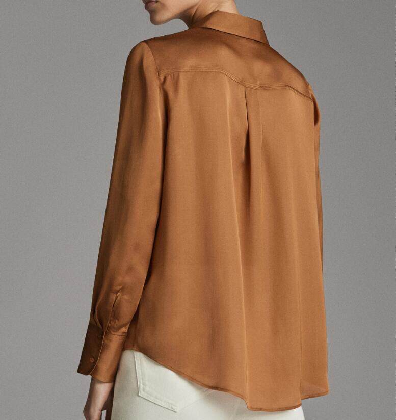 热销爆款桑蚕丝衬衫焦糖色明线设计飘逸真丝衬衫中性纯色长袖辣妹