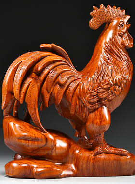 花梨木雕鸡摆件三合十二生肖木鸡家居客厅办公室装饰开业乔迁送礼