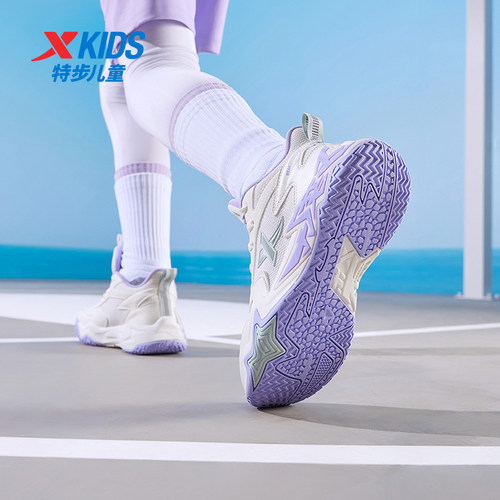 特步童鞋秋季新款中大童女童时尚高帮篮球鞋儿童运动减震缓震球鞋 - 图0