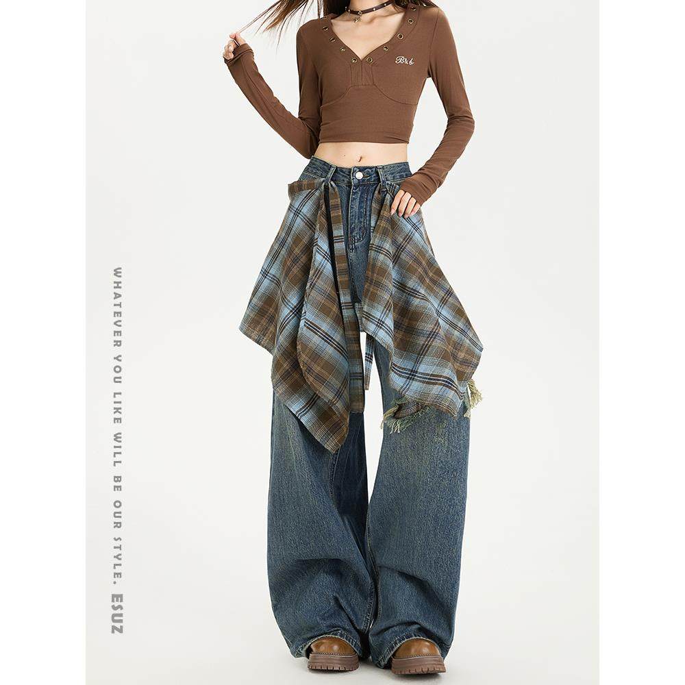 可拆卸屁帘阔腿牛仔裤女2025秋季新款高腰设计感假破洞宽松直筒裤,淘宝优惠券,粉丝福利购,淘宝优惠卷