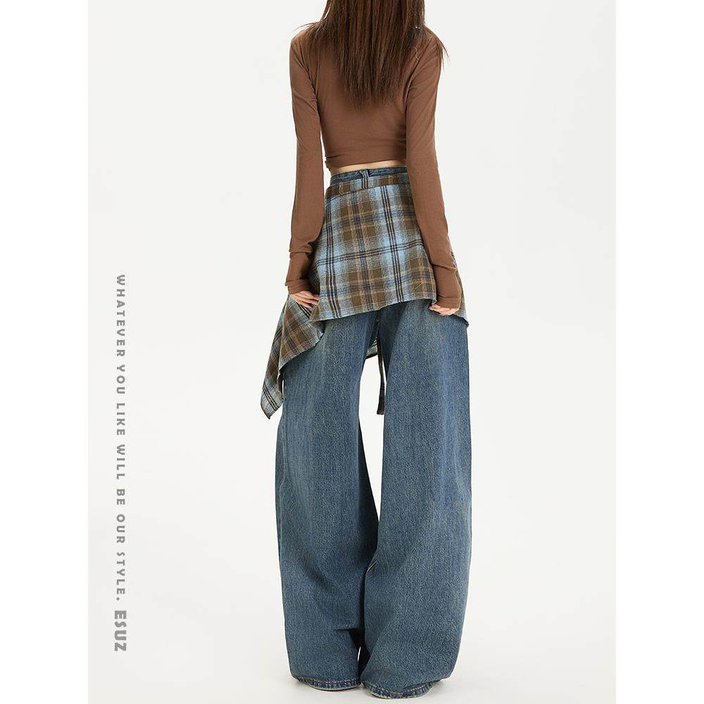 可拆卸屁帘阔腿牛仔裤女2025秋季新款高腰设计感假破洞宽松直筒裤,淘宝优惠券,粉丝福利购,淘宝优惠卷