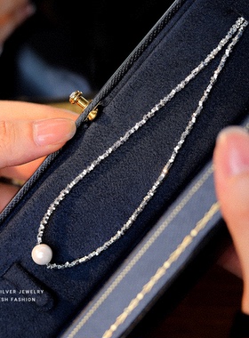 s925新款纯银碎银几两贝珠项链几何法式复古优雅气质感锁骨链女士