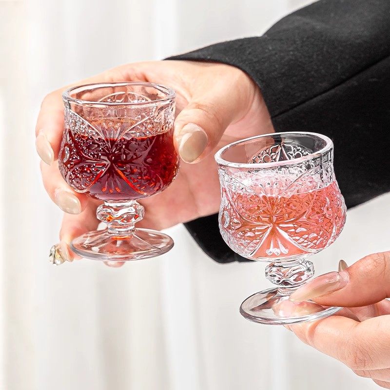 白酒杯复古刻花玻璃杯果酒杯精致高脚杯高颜值小酒杯微醺一口杯,淘宝优惠券,粉丝福利购,淘宝优惠卷