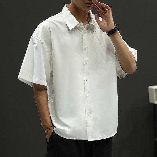 大码短袖衬衫男黑色夏季冰丝速干半袖衬衣男士宽松胖子加肥加大