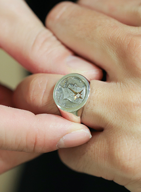 硬币甘迺迪水钻925银戒指