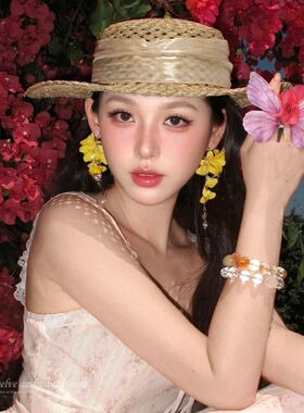 超仙黄色花朵流苏耳钉度假风