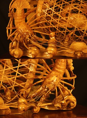 【潮元素】收藏品潮州木雕 龙虾 蟹篓卧篓 纯手工立体镂空雕刻