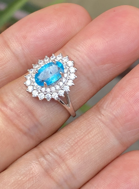 天然蓝色磷灰石戒指女925银镀金镶嵌裸石戒面彩宝戒指配鉴定证书