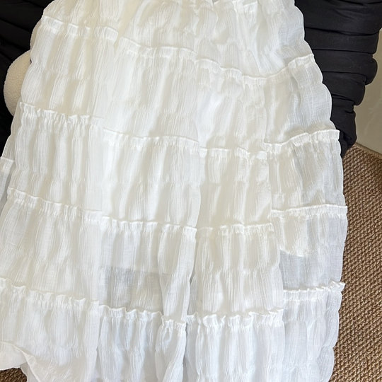 2025早秋新款韩版百搭肌理感显瘦A字半身裙木耳边拼接蛋糕裙长裙