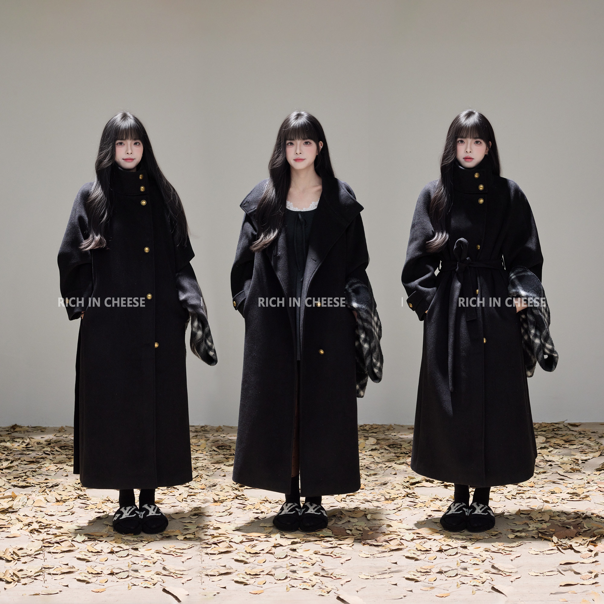 RICHINCHEESE 冬日女王 赫本风气质黑色简约立领高级长款毛呢外套,淘宝优惠券,粉丝福利购,淘宝优惠卷