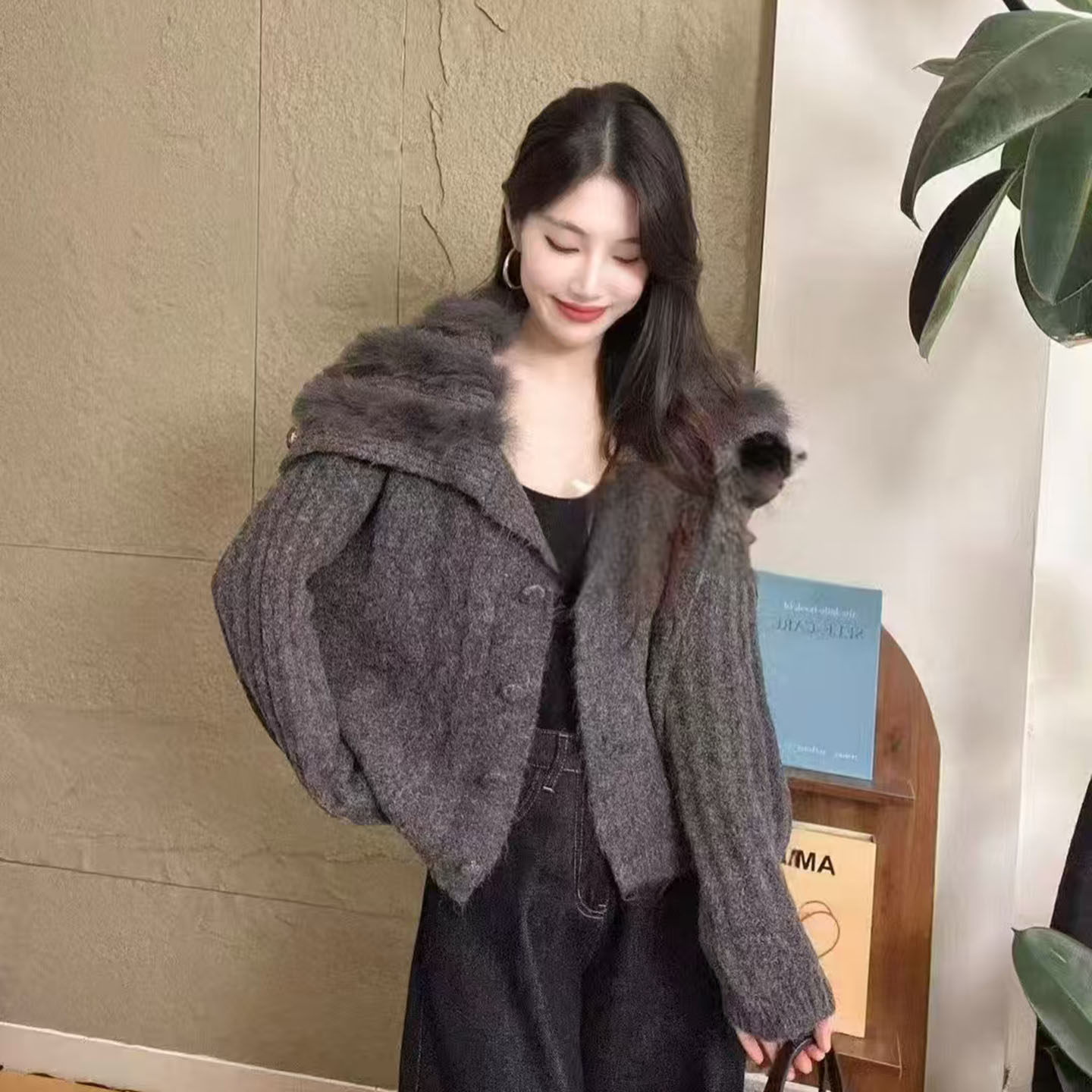 韩系仿皮草海军领毛毛拼接针织开衫女装秋冬新款时尚宽松保暖外套,淘宝优惠券,粉丝福利购,淘宝优惠卷