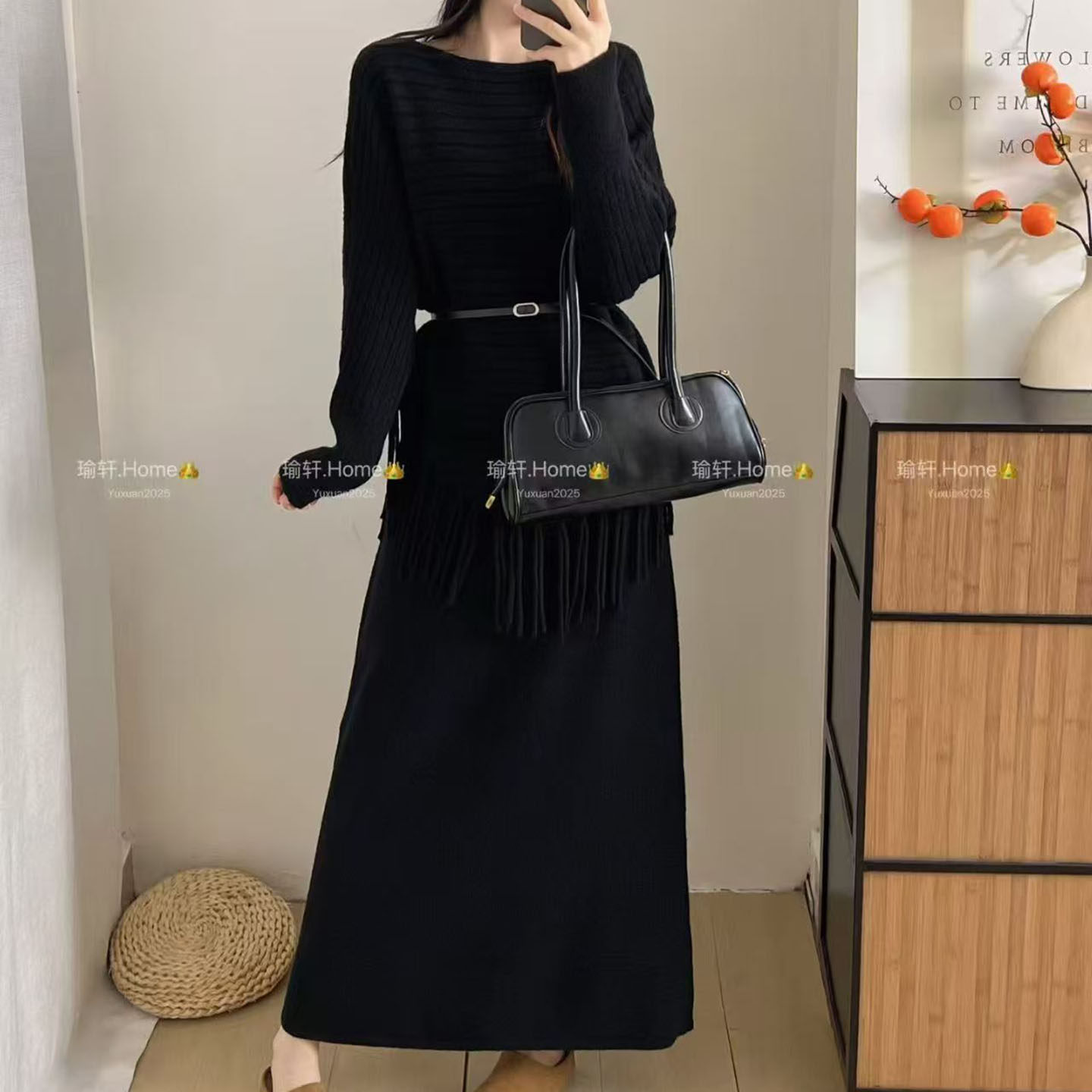 2025年秋冬新款韩系设计感流苏上衣+高腰显瘦半身裙针织两件套潮,淘宝优惠券,粉丝福利购,淘宝优惠卷