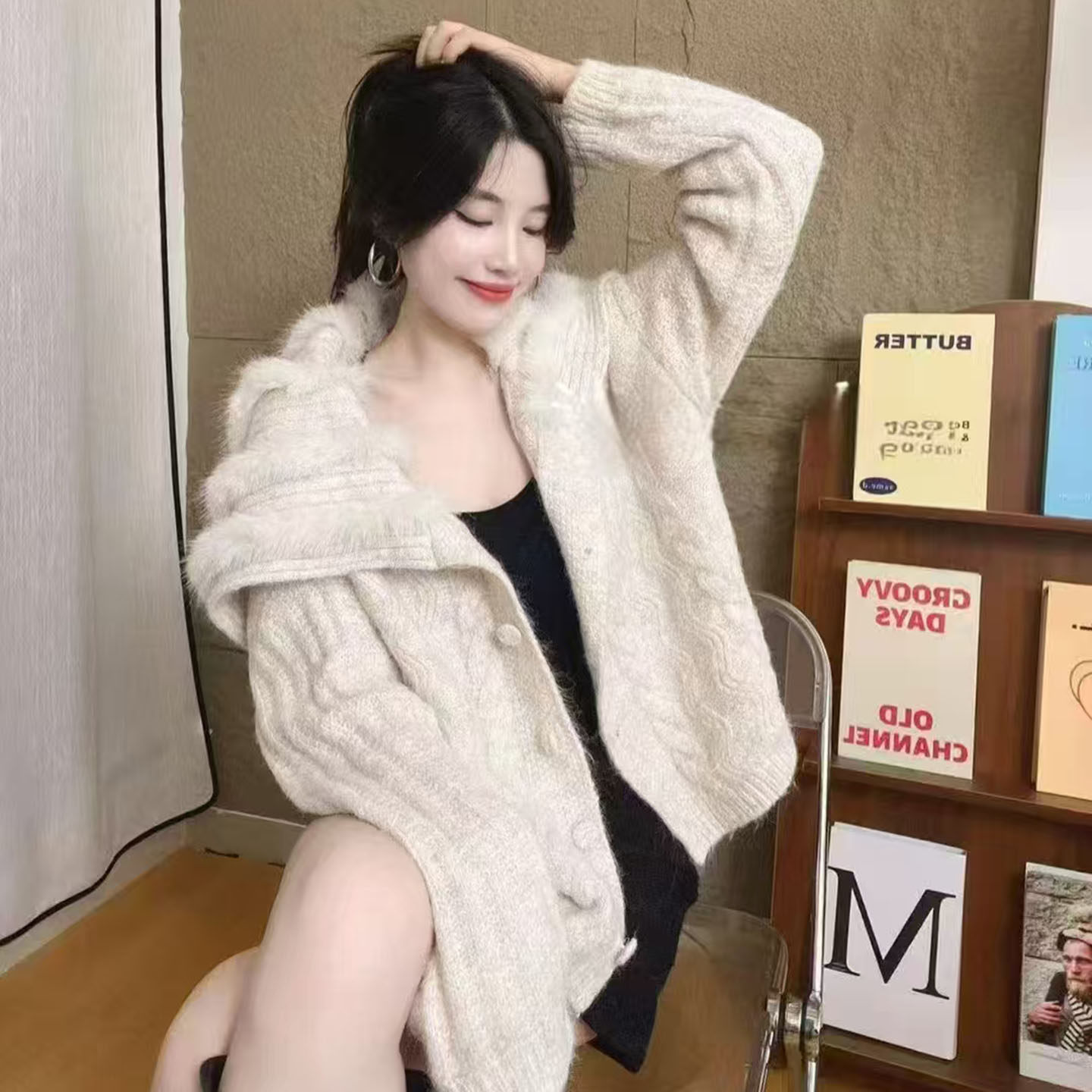 韩系仿皮草海军领毛毛拼接针织开衫女装秋冬新款时尚宽松保暖外套,淘宝优惠券,粉丝福利购,淘宝优惠卷