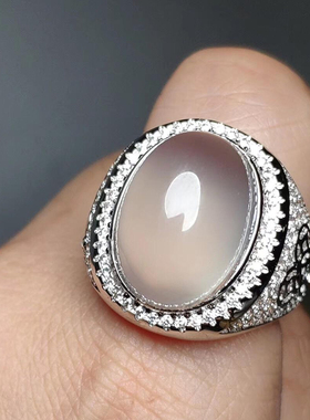 冰绿玉髓男戒指镀925绿宝石绿色