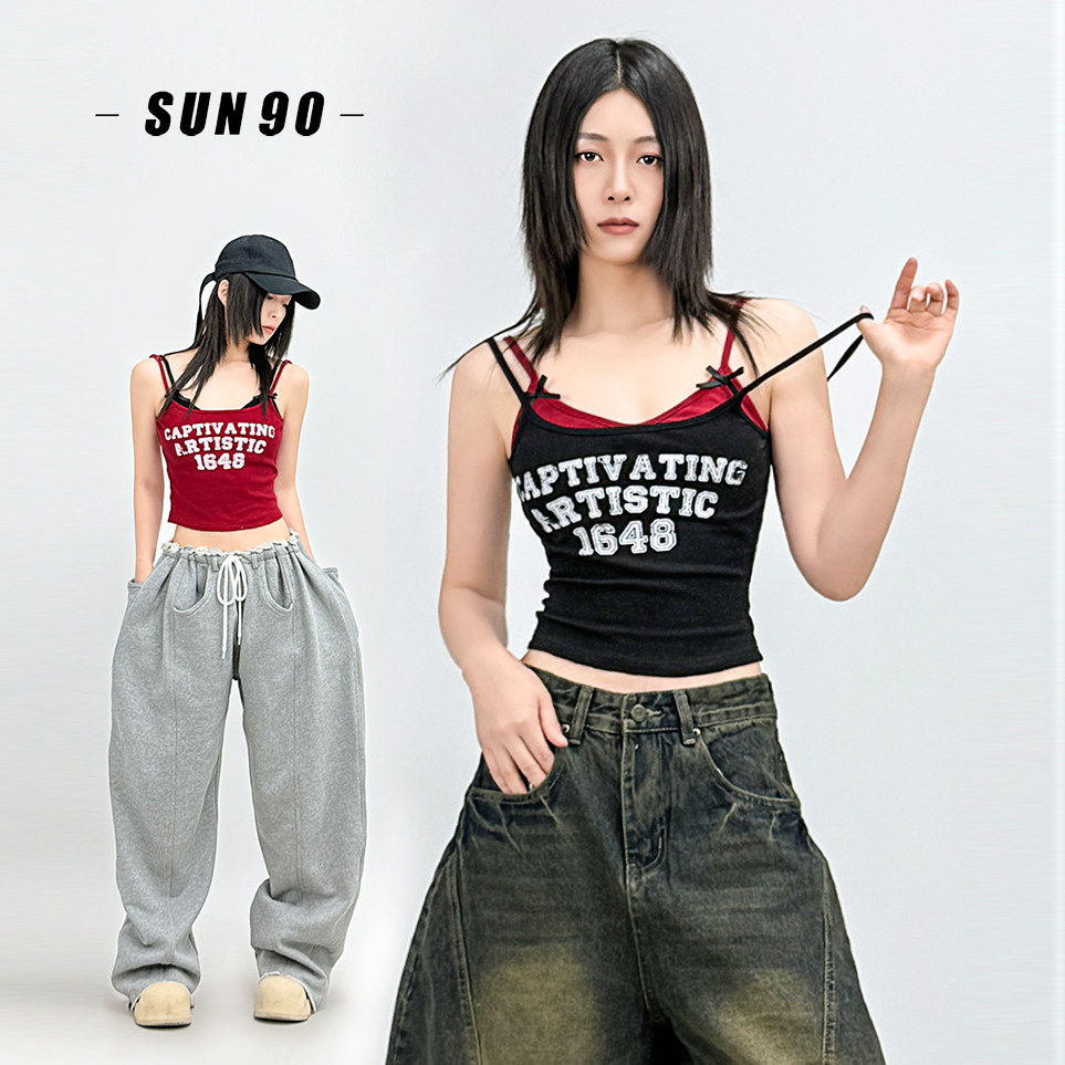 SUN90 美式复古辣妹风假两件撞色字母印花红色吊带背心女无袖上衣,淘宝优惠券,粉丝福利购,淘宝优惠卷