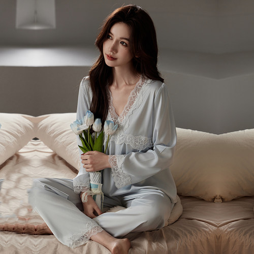 睡衣女款2025新款冰丝绸甜美V领蕾丝家居服外穿套头长袖长裤套装 - 图2