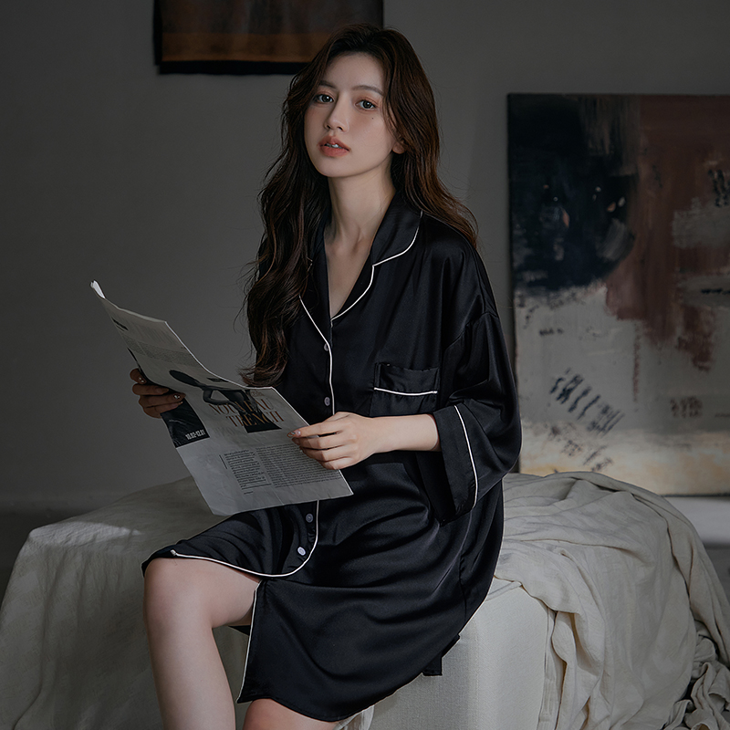 冰丝性感睡衣女春夏季2024新款男友风衬衫裙宽松纯欲七分袖睡裙薄