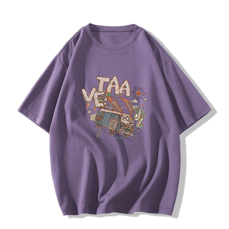 高级感紫色短袖t恤女夏季2023新款卡通印花体恤宽松chic港味上衣 - 图3