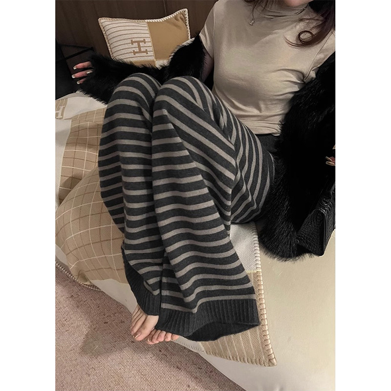 条纹休闲针织裤子女秋冬加厚高腰阔腿裤宽松慵懒松弛感显瘦拖地裤,淘宝优惠券,粉丝福利购,淘宝优惠卷