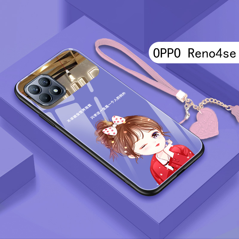 OPPOReno4SE手机壳新款一个人的例外钢化玻璃Reno4SE镜头防摔保护套个性女款高档带补镜子爱心手腕绳OPPO外壳-图2