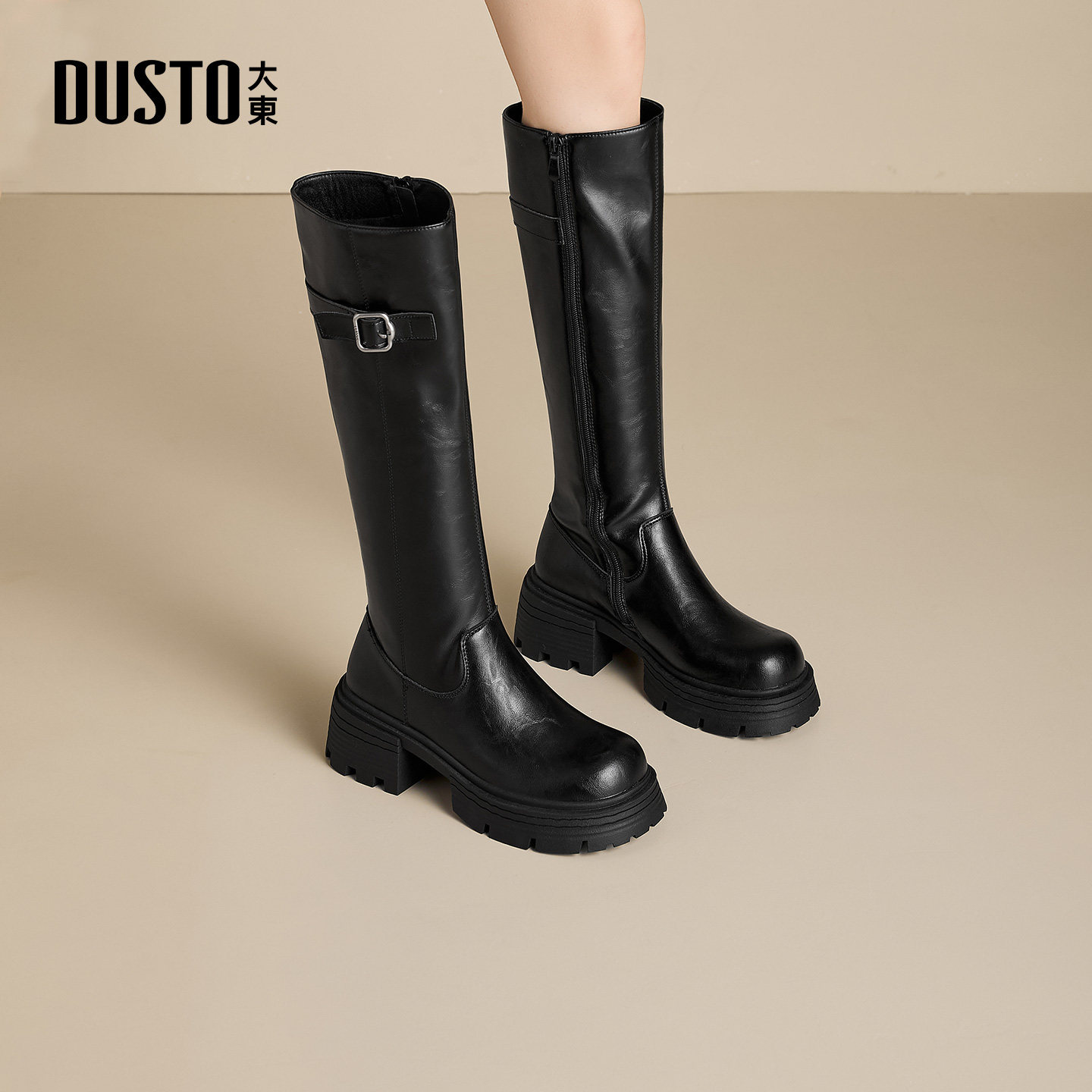 大东骑士靴女鞋2025年冬新款粗跟高跟圆头厚底加绒长筒靴002296E,淘宝优惠券,粉丝福利购,淘宝优惠卷