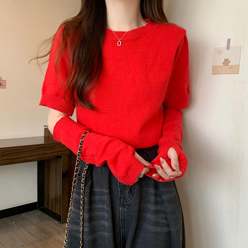 设计感红色毛衣冬季女圆领短袖慵懒风辣妹配袖套俩件套上衣针织衫